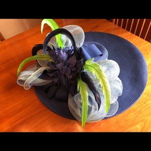 Navy Blue Green White Wide Brim Derby Hat
